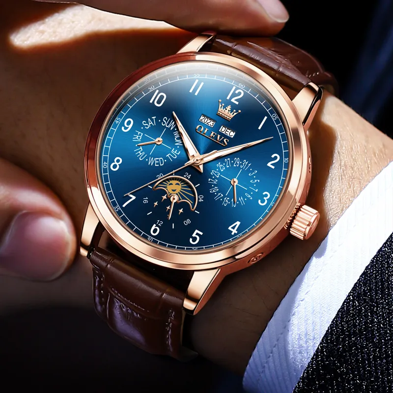 OLEVS Wisdom Series Mechanical Movement Leather Watch Bands Watch Men's Watches Black Dial-12