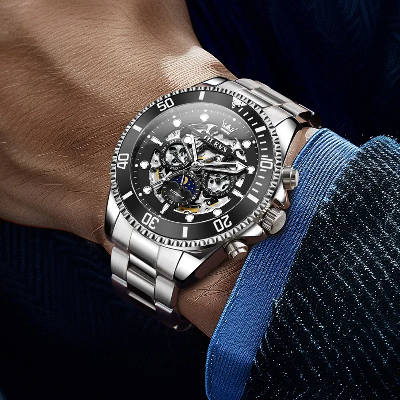 OLEVS Play The Cool Series Mechanical Movement Stainless Steel Watchband Watch Men's Watches Black Dial-4