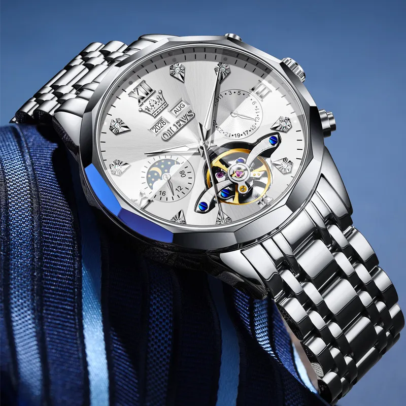 OLEVS Play The Cool Series Mechanical Movement Stainless Steel Watchband Watch Men's Watches Black Dial-7
