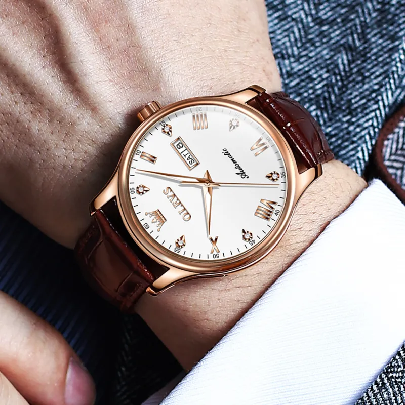 OLEVS Automatic Mechanical Movement Leather Strap Watch Men's Watches White Dial-1