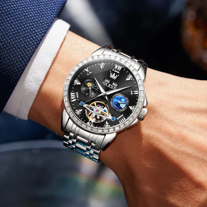OLEVS Play The Cool Series Mechanical Movement Stainless Steel Watchband Watch Men's Watches Black Dial-4