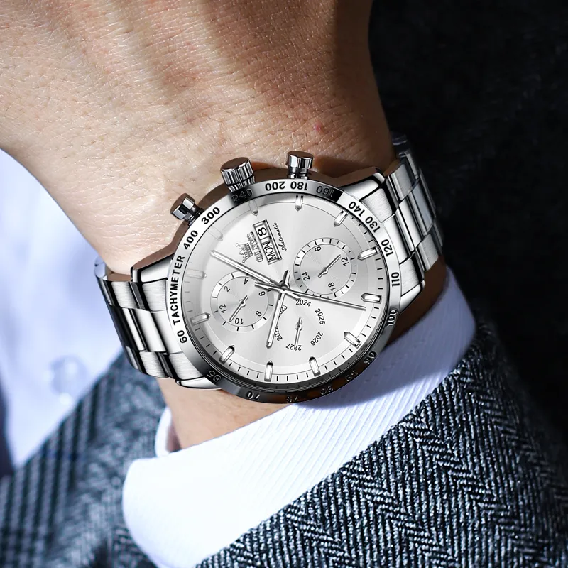 OLEVS Texture Multifunction Mechanical Movement Stainless Steel Watchband Watch Men's Watches Black Dial-5