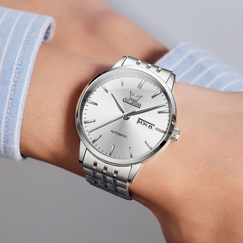 OLEVS Gift Box Set Wrist Watch Mechanical Movement Stainless Steel Watchband Watch Men's Watches White Dial-2