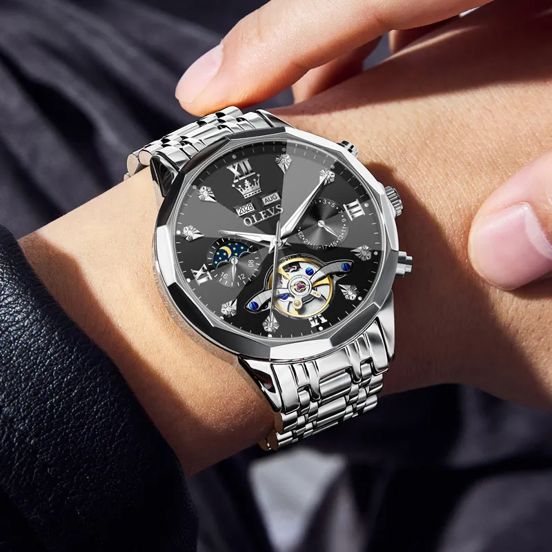 OLEVS Play The Cool Series Mechanical Movement Stainless Steel Watchband Watch Men's Watches Black Dial-4