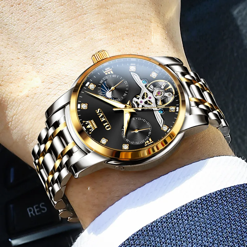 OLEVS Mechanical Movement Stainless Steel Watchband Watch Men's Watches Black Dial-12