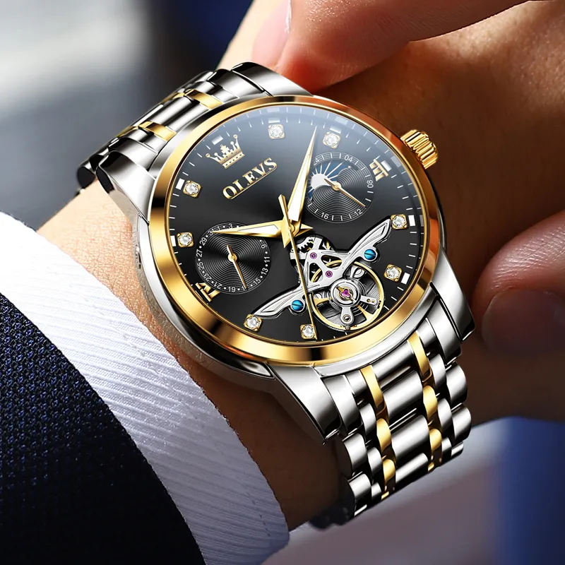 OLEVS Mechanical Movement Stainless Steel Watchband Watch Men's Watches Black Dial-13