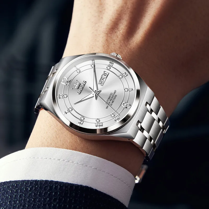 OLEVS Mechanical Movement Stainless Steel Watchband Watch Men's Watches White Dial-3