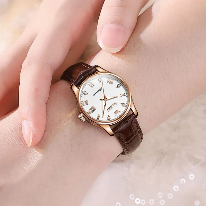 OLEVS Automatic Mechanical Movement Leather Strap Watch Women's Watch White Dial-7
