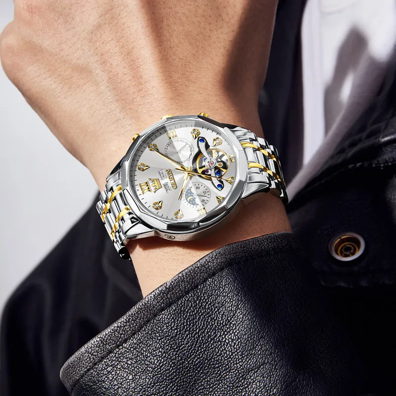 OLEVS Play The Cool Series Mechanical Movement Stainless Steel Watchband Watch Men's Watches Black Dial-14