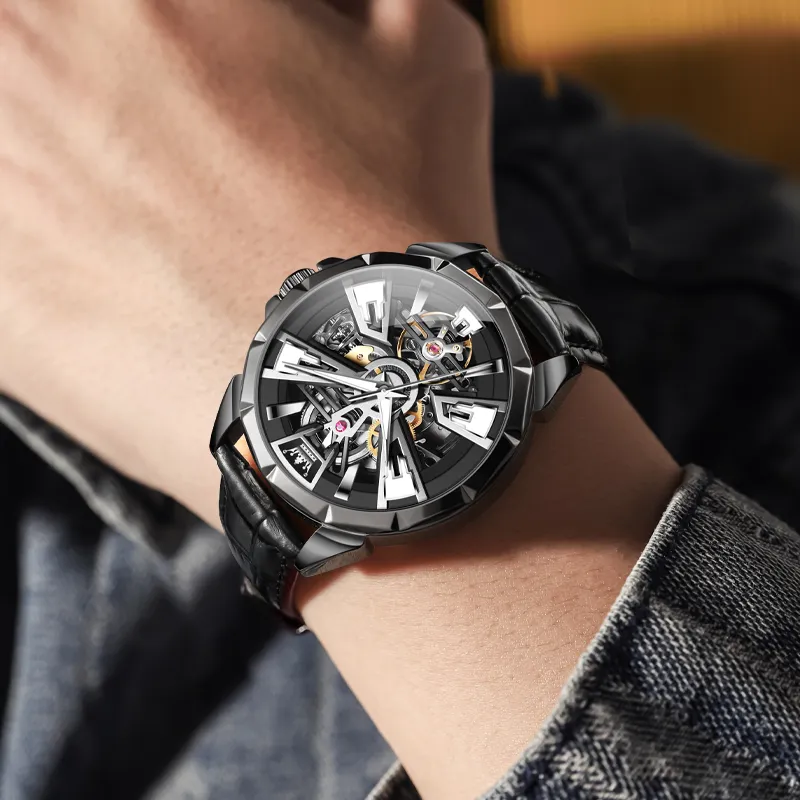 OLEVS Play The Cool Series Mechanical Movement Leather Watch Bands Watch Men's Watches Black Dial-9