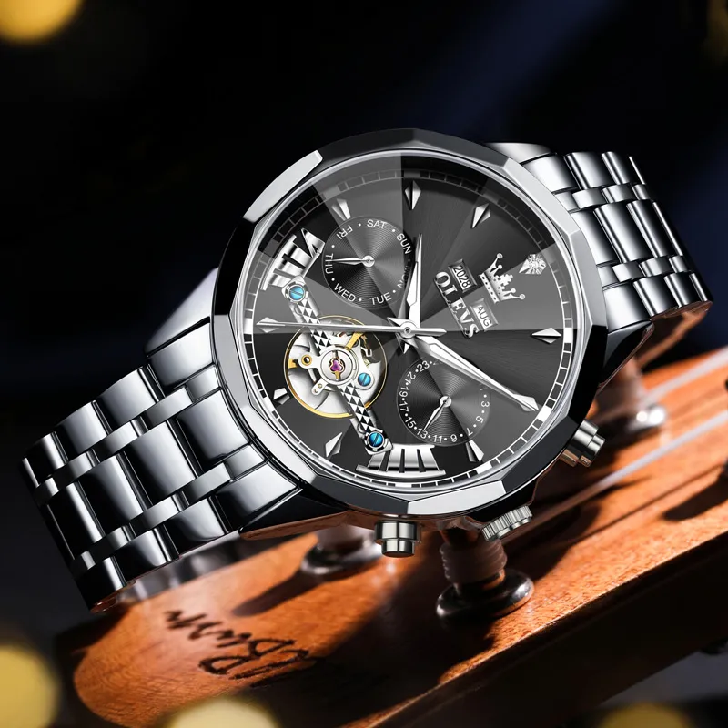 OLEVS Play The Cool Series Mechanical Movement Stainless Steel Watchband Watch Men's Watches Black Dial-1
