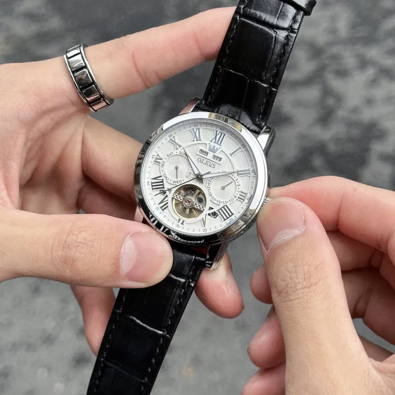 OLEVS Play The Cool Series Automatic Mechanical Movement Leather Strap Watch Men's Watches White Dial-1