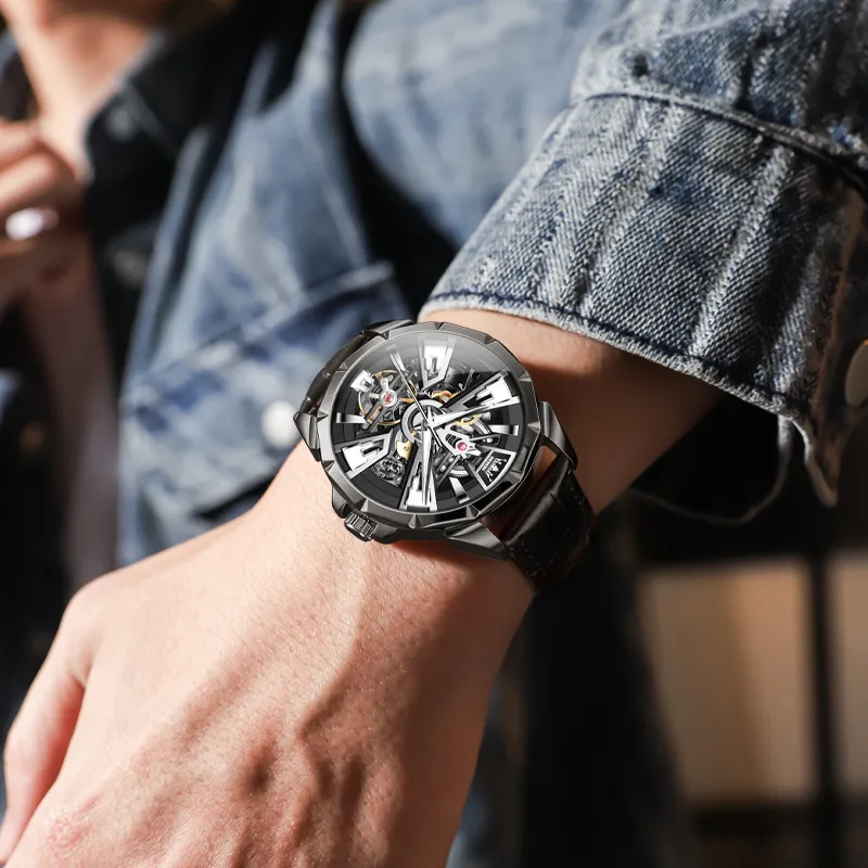 OLEVS Play The Cool Series Mechanical Movement Leather Watch Bands Watch Men's Watches Black Dial-8