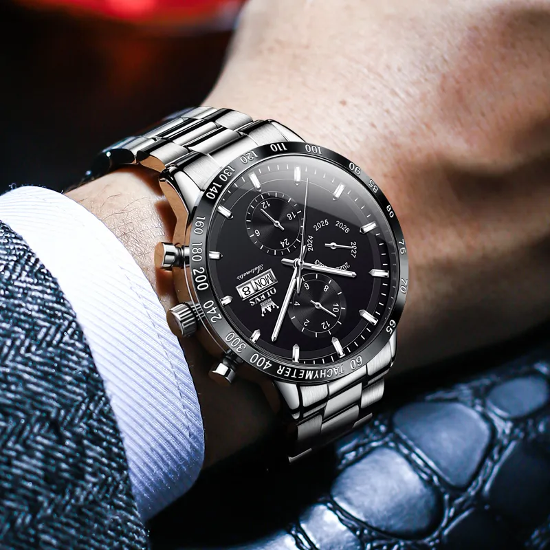 OLEVS Texture Multifunction Mechanical Movement Stainless Steel Watchband Watch Men's Watches Black Dial-11