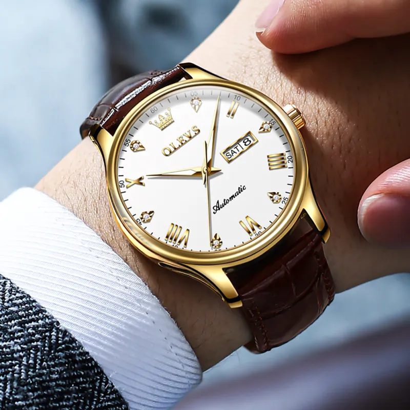 OLEVS Automatic Mechanical Movement Leather Strap Watch Men's Watches White Dial-24