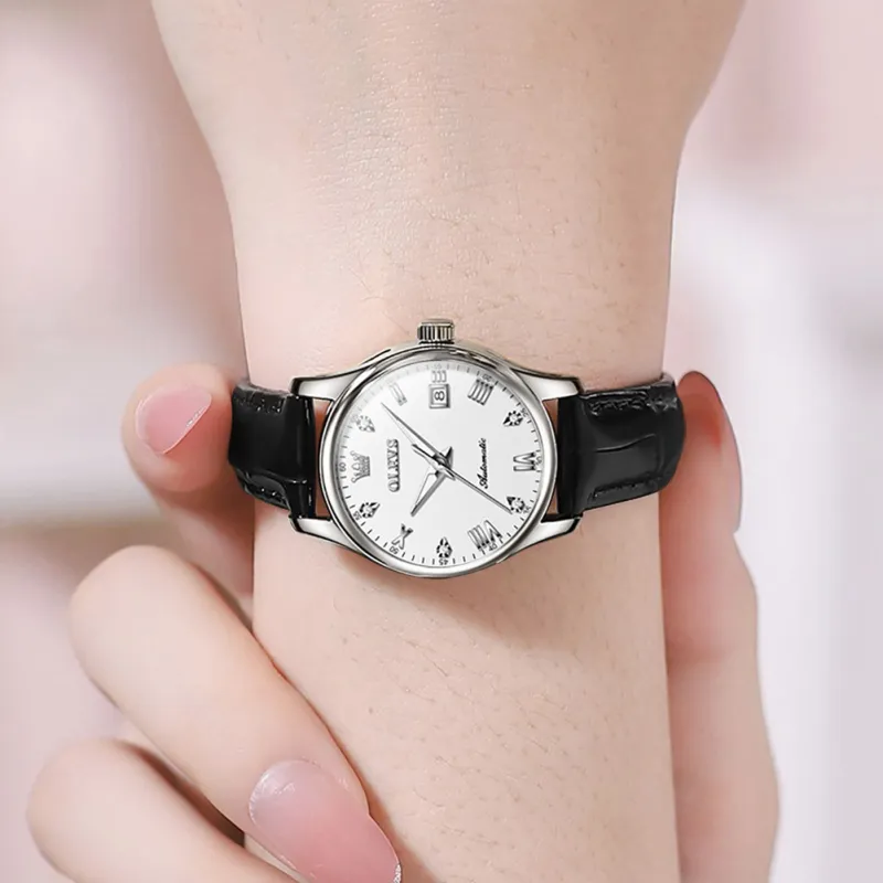 OLEVS Automatic Mechanical Movement Leather Strap Watch Women's Watch White Dial-22