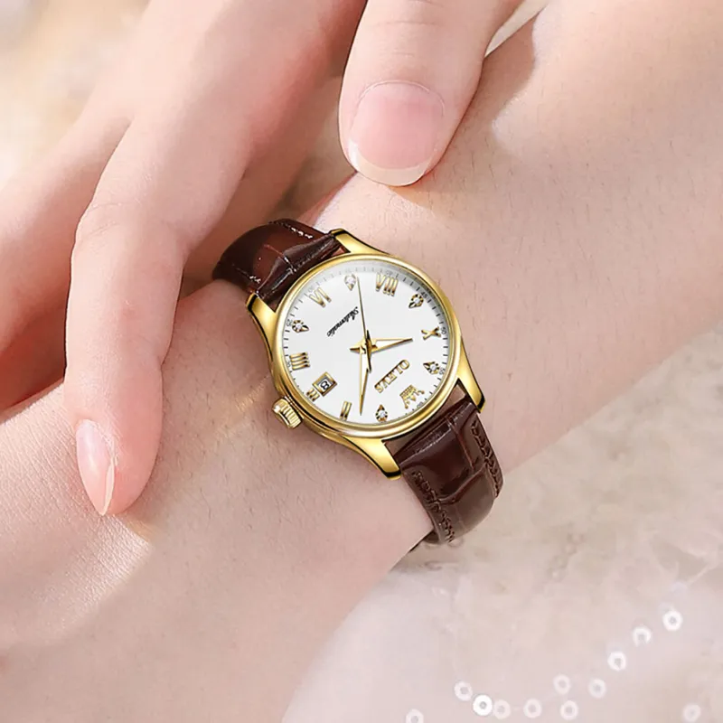 OLEVS Automatic Mechanical Movement Leather Strap Watch Women's Watch White Dial-2