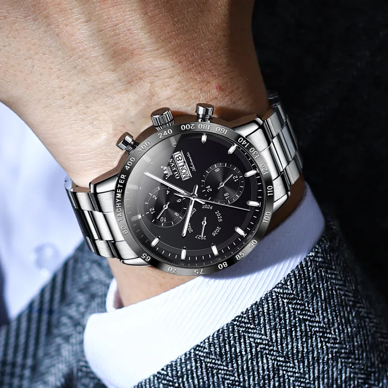 OLEVS Texture Multifunction Mechanical Movement Stainless Steel Watchband Watch Men's Watches Black Dial-9