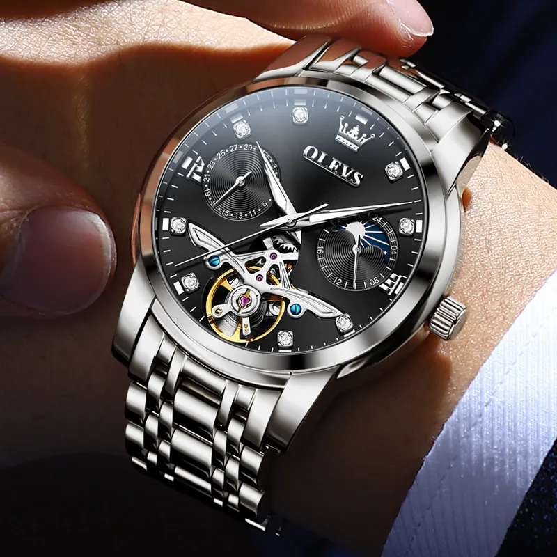 OLEVS Mechanical Movement Stainless Steel Watchband Watch Men's Watches Black Dial-6