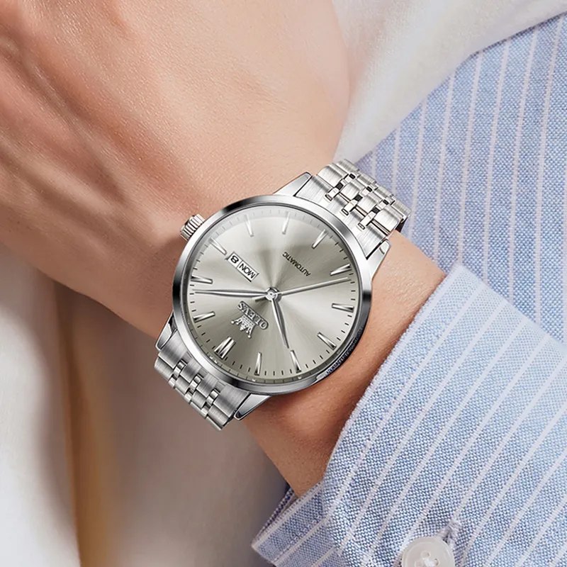 OLEVS Gift Box Set Wrist Watch Mechanical Movement Stainless Steel Watchband Watch Men's Watches White Dial-14