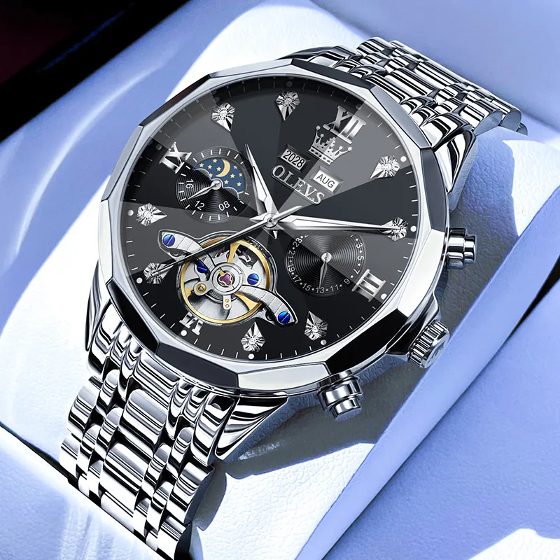 OLEVS Play The Cool Series Mechanical Movement Stainless Steel Watchband Watch Men's Watches Black Dial-5