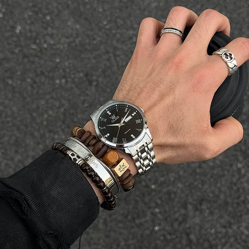 OLEVS Minimalist Series Mechanical Movement Stainless Steel Watchband Watch Men's Watches Black Dial-1