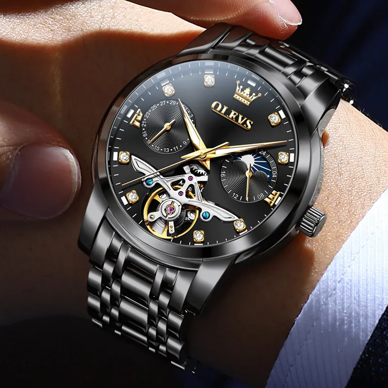 OLEVS Mechanical Movement Stainless Steel Watchband Watch Men's Watches Black Dial-21