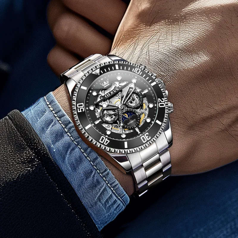OLEVS Play The Cool Series Mechanical Movement Stainless Steel Watchband Watch Men's Watches Black Dial-3