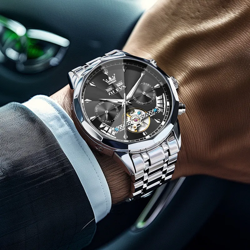 OLEVS Play The Cool Series Mechanical Movement Stainless Steel Watchband Watch Men's Watches Black Dial-2