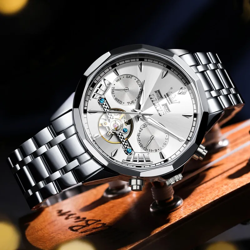 OLEVS Play The Cool Series Mechanical Movement Stainless Steel Watchband Watch Men's Watches Black Dial-6