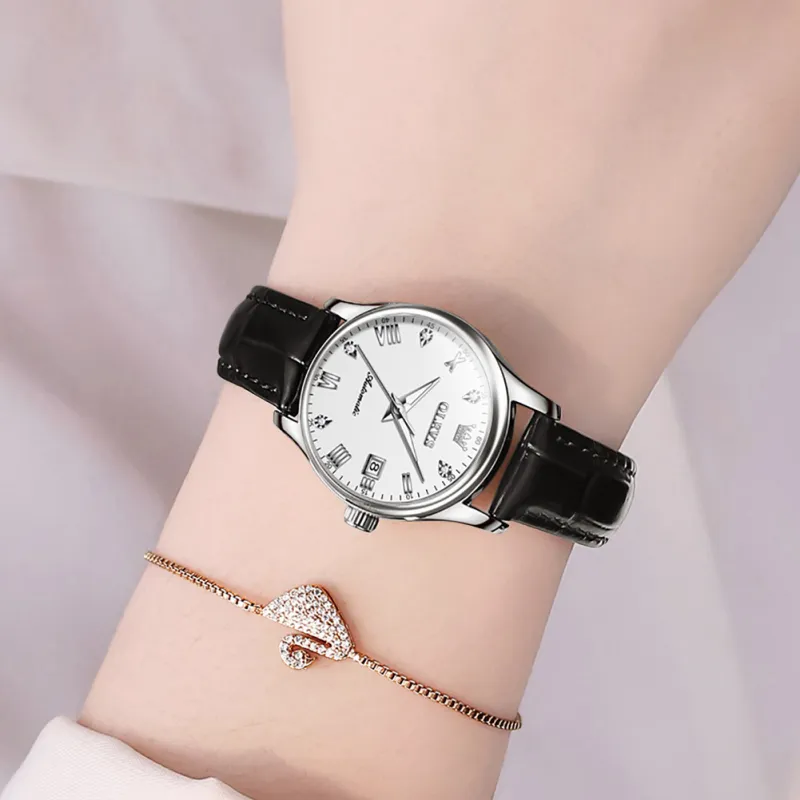 OLEVS Automatic Mechanical Movement Leather Strap Watch Women's Watch White Dial-24