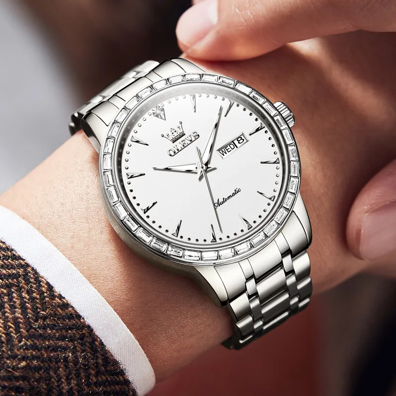 OLEVS Mechanical Movement Stainless Steel Watchband Watch Men's Watches White Dial-1