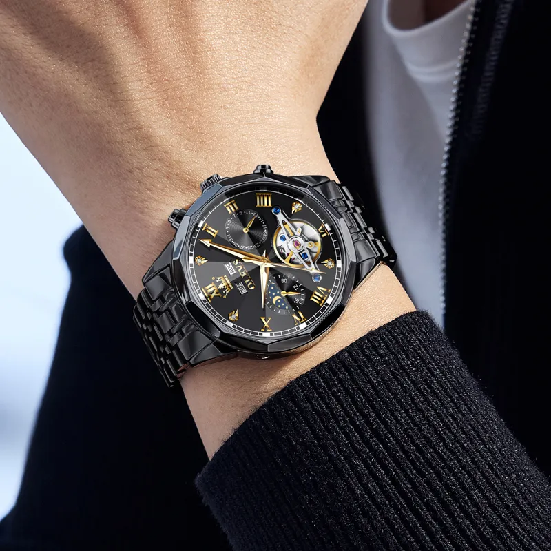 OLEVS Wisdom Series Automatic Mechanical Movement Stainless Steel Watchband Watch Men's Watches Black Dial-21