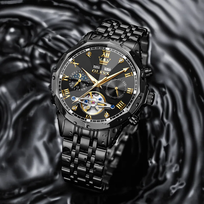 OLEVS Wisdom Series Automatic Mechanical Movement Stainless Steel Watchband Watch Men's Watches Black Dial-24