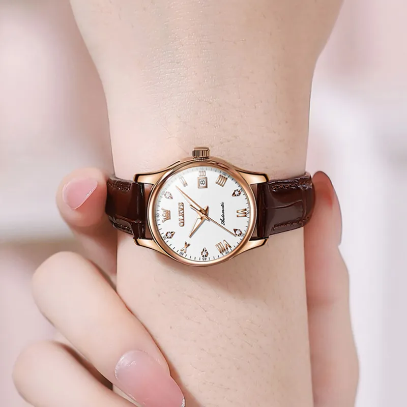 OLEVS Automatic Mechanical Movement Leather Strap Watch Women's Watch White Dial-9