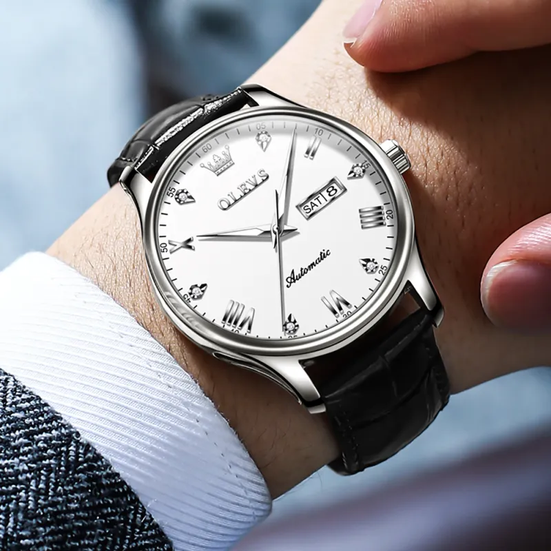 OLEVS Automatic Mechanical Movement Leather Strap Watch Men's Watches White Dial-13