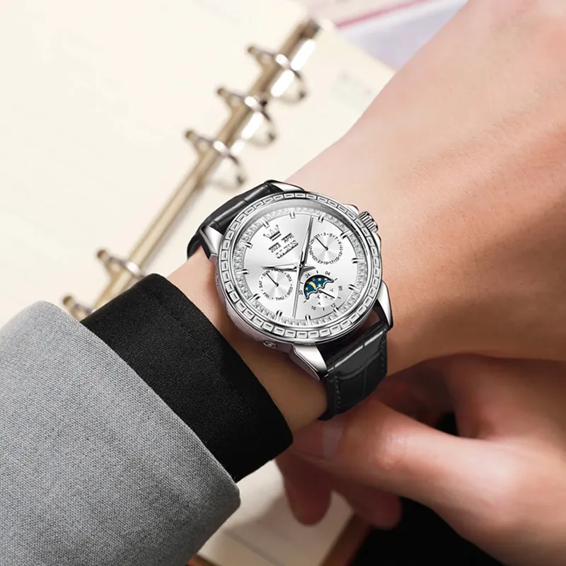 OLEVS Wisdom Series Mechanical Movement Leather Watch Bands Watch Unisex White Dial-3
