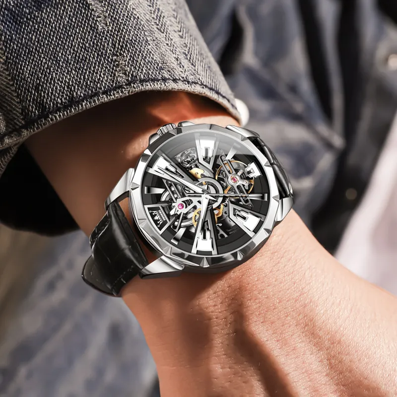 OLEVS Play The Cool Series Mechanical Movement Leather Watch Bands Watch Men's Watches Black Dial-2
