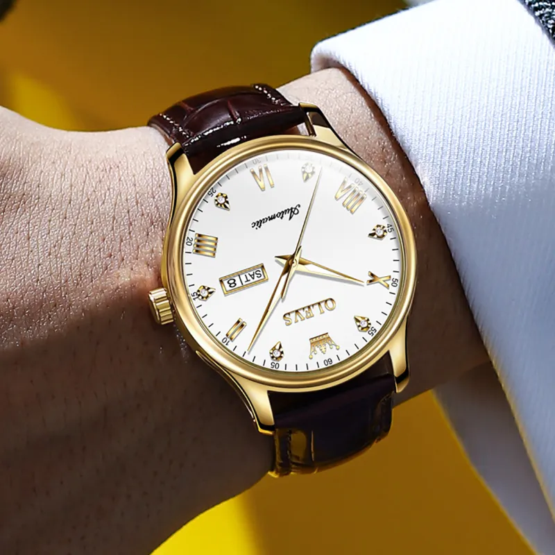 OLEVS Automatic Mechanical Movement Leather Strap Watch Men's Watches White Dial-22