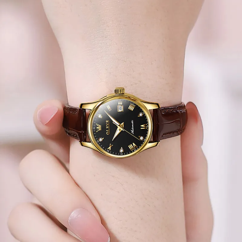 OLEVS Automatic Mechanical Movement Leather Strap Watch Women's Watch White Dial-12