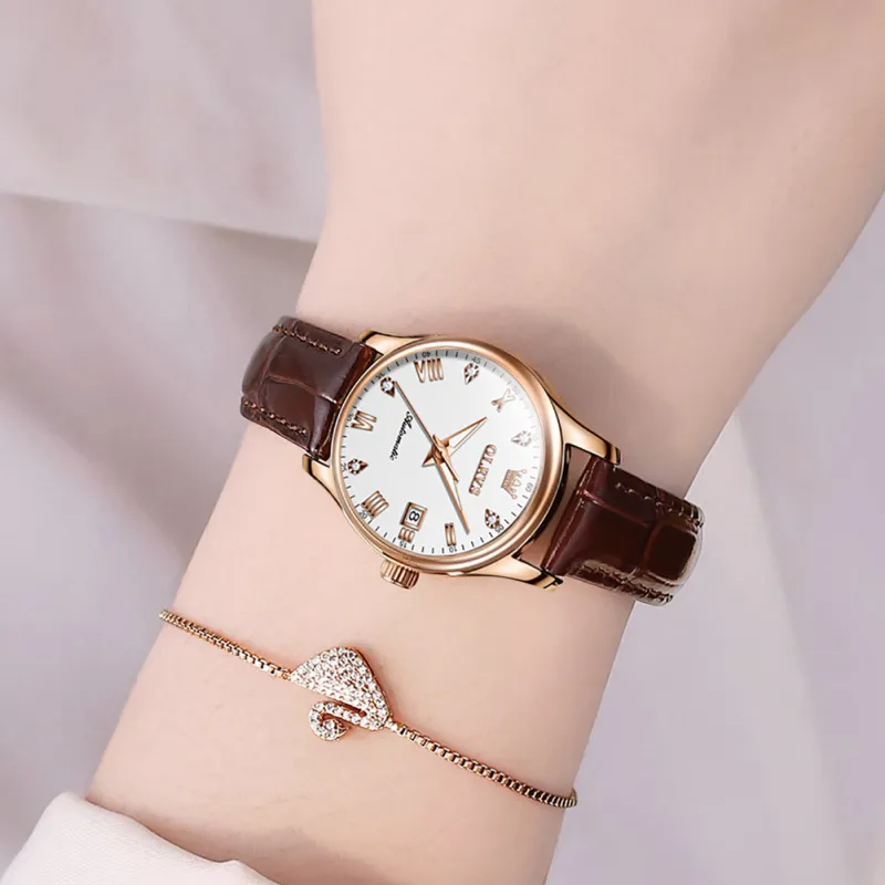 OLEVS Automatic Mechanical Movement Leather Strap Watch Women's Watch White Dial-8