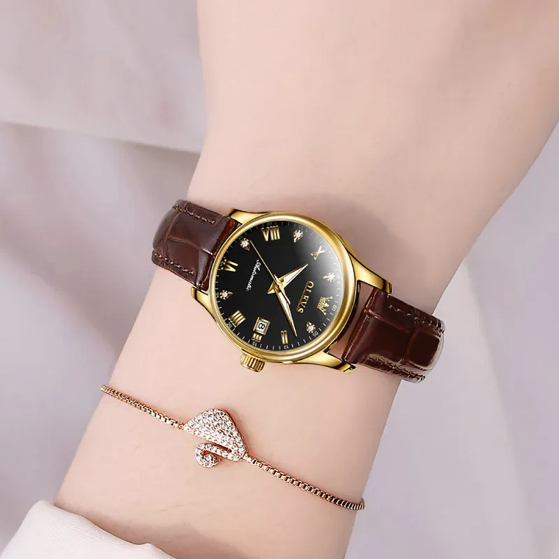 OLEVS Automatic Mechanical Movement Leather Strap Watch Women's Watch White Dial-14