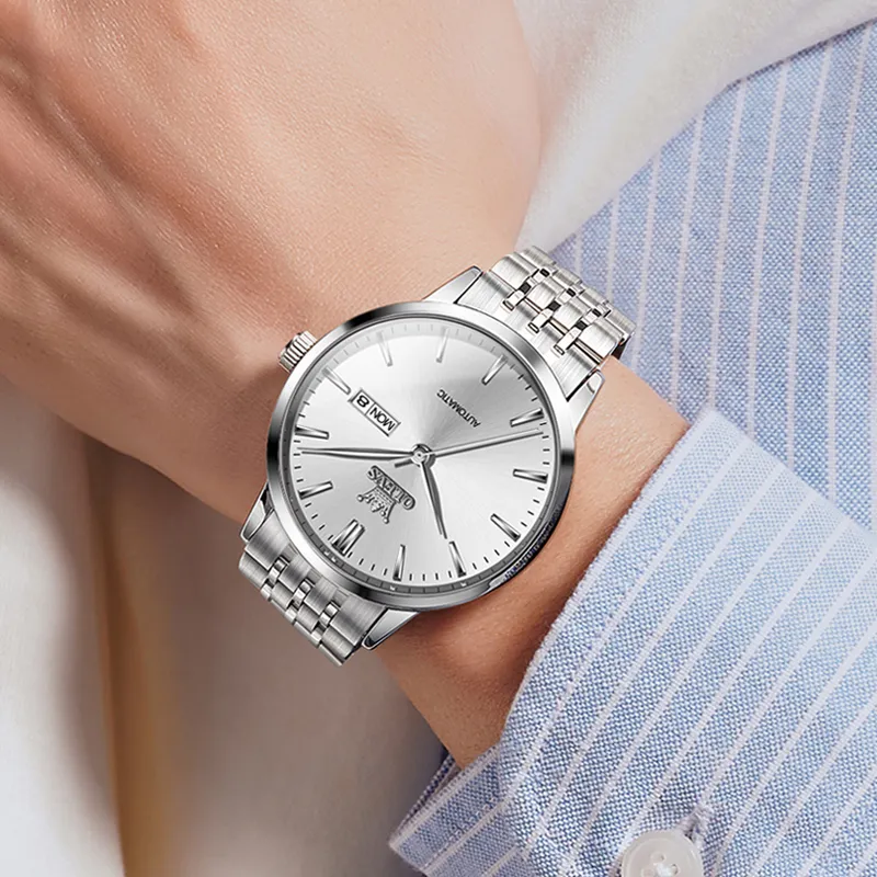OLEVS Gift Box Set Wrist Watch Mechanical Movement Stainless Steel Watchband Watch Men's Watches White Dial-4