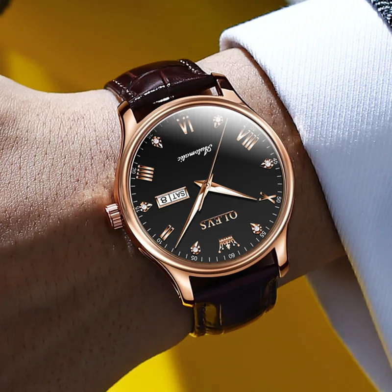 OLEVS Automatic Mechanical Movement Leather Strap Watch Men's Watches White Dial-6