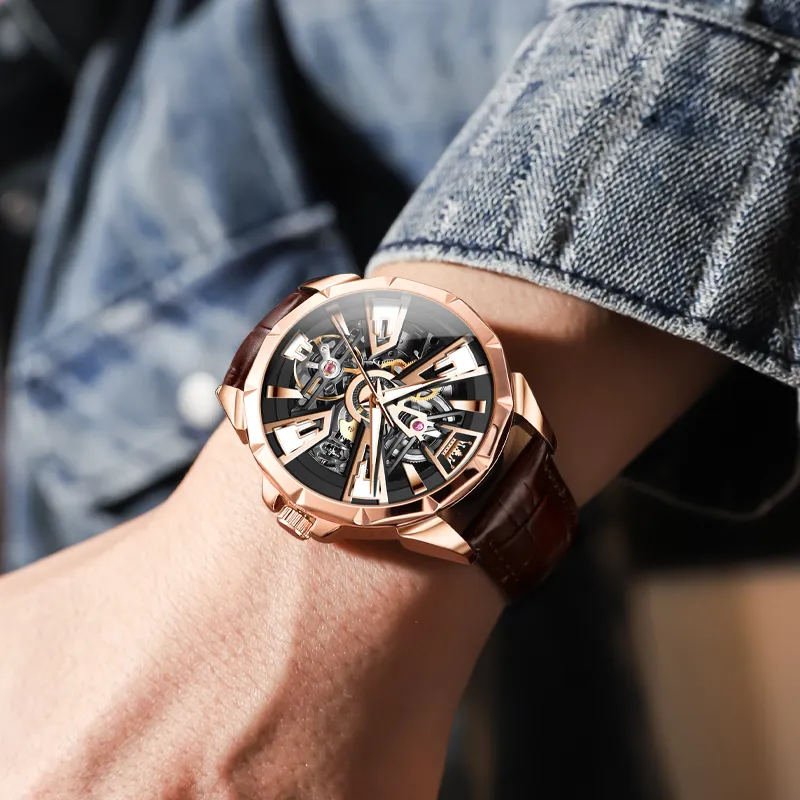 OLEVS Play The Cool Series Mechanical Movement Leather Watch Bands Watch Men's Watches Black Dial-13