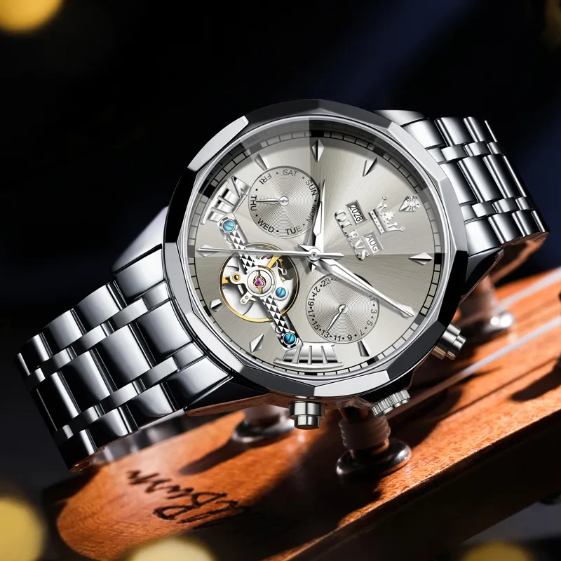 OLEVS Play The Cool Series Mechanical Movement Stainless Steel Watchband Watch Men's Watches Black Dial-11