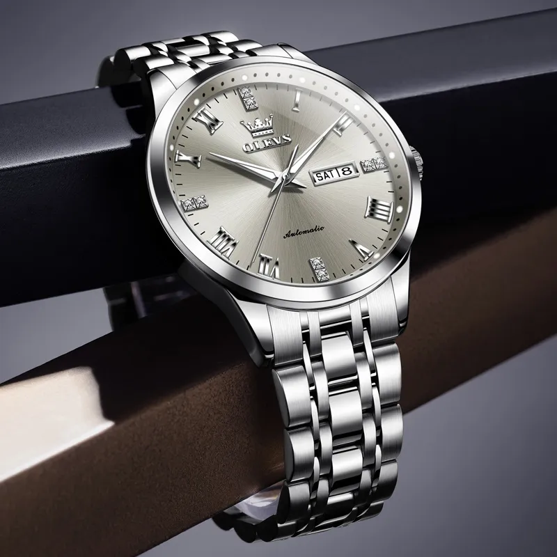 OLEVS Minimalist Series Mechanical Movement Stainless Steel Watchband Watch Men's Watches Black Dial-12