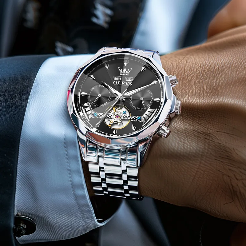 OLEVS Play The Cool Series Mechanical Movement Stainless Steel Watchband Watch Men's Watches Black Dial-3