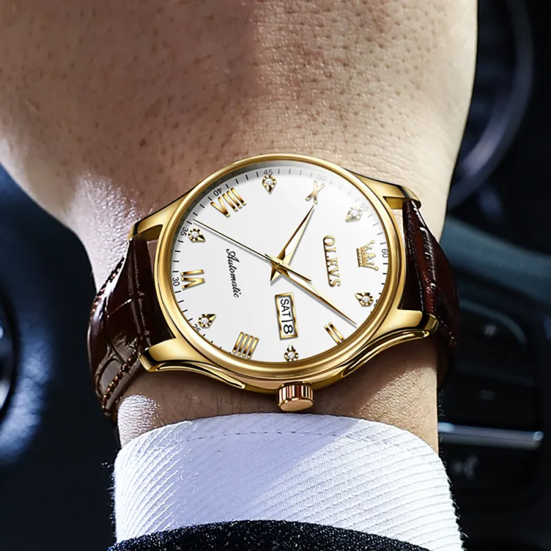 OLEVS Automatic Mechanical Movement Leather Strap Watch Men's Watches White Dial-21