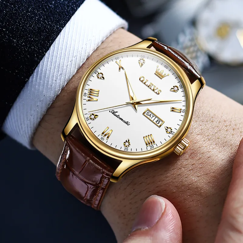 OLEVS Automatic Mechanical Movement Leather Strap Watch Men's Watches White Dial-23